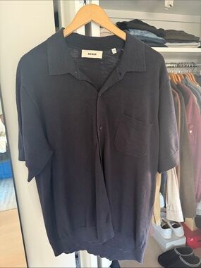 Buck Mason Navy Short-Sleeve Button-Down Knit Shirt